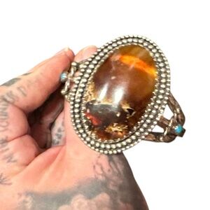 Turquoise sword and Amber Silver silver Women's cuff Bracelet